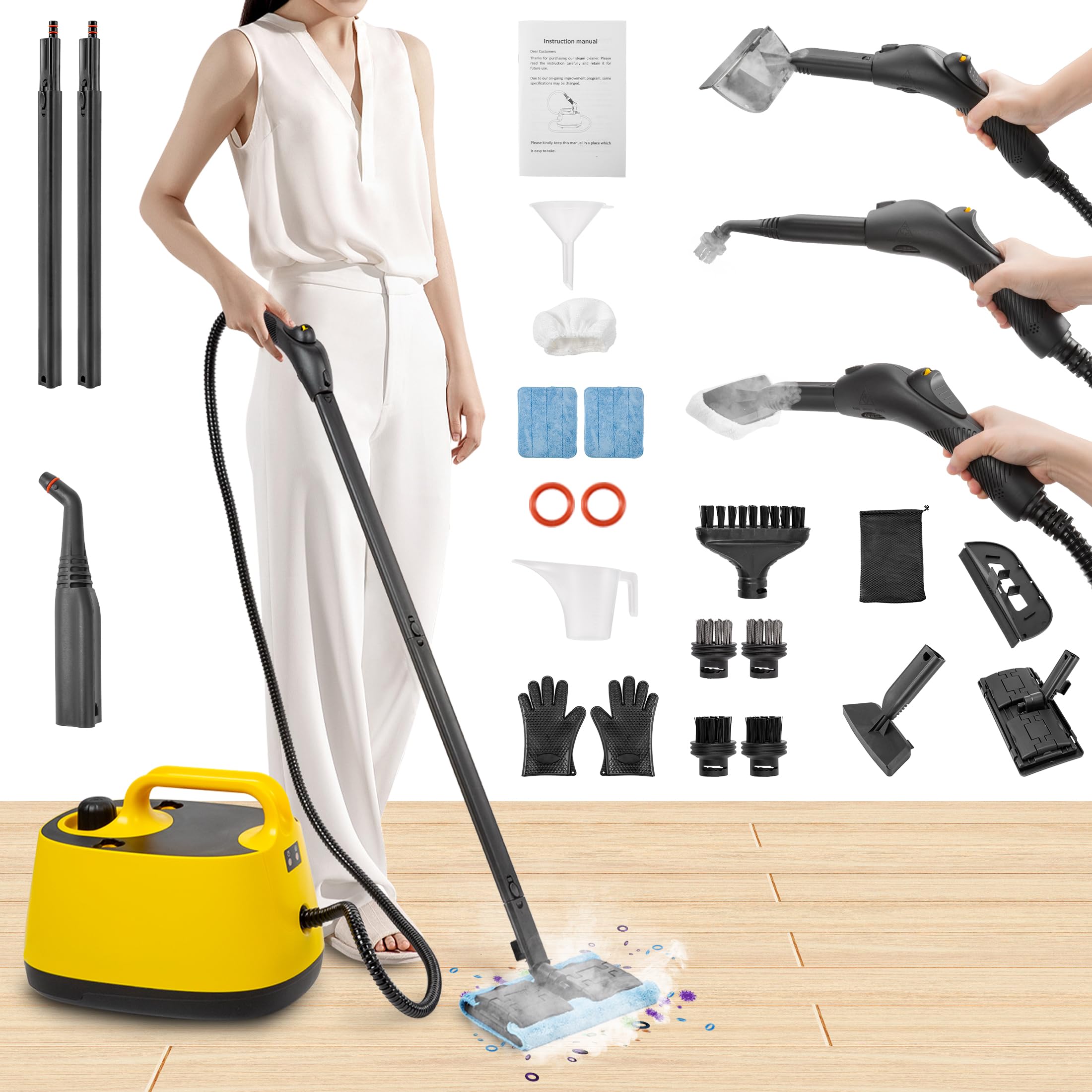 WICHEMI Steam Cleaner with Extension Pole, 51 oz, Steam Cleaner for Home, Adjustable Steam Pressure, 26 Accessories, Handheld Steam Cleaner for Walls, Gaps, Hard Floors, and Tiles