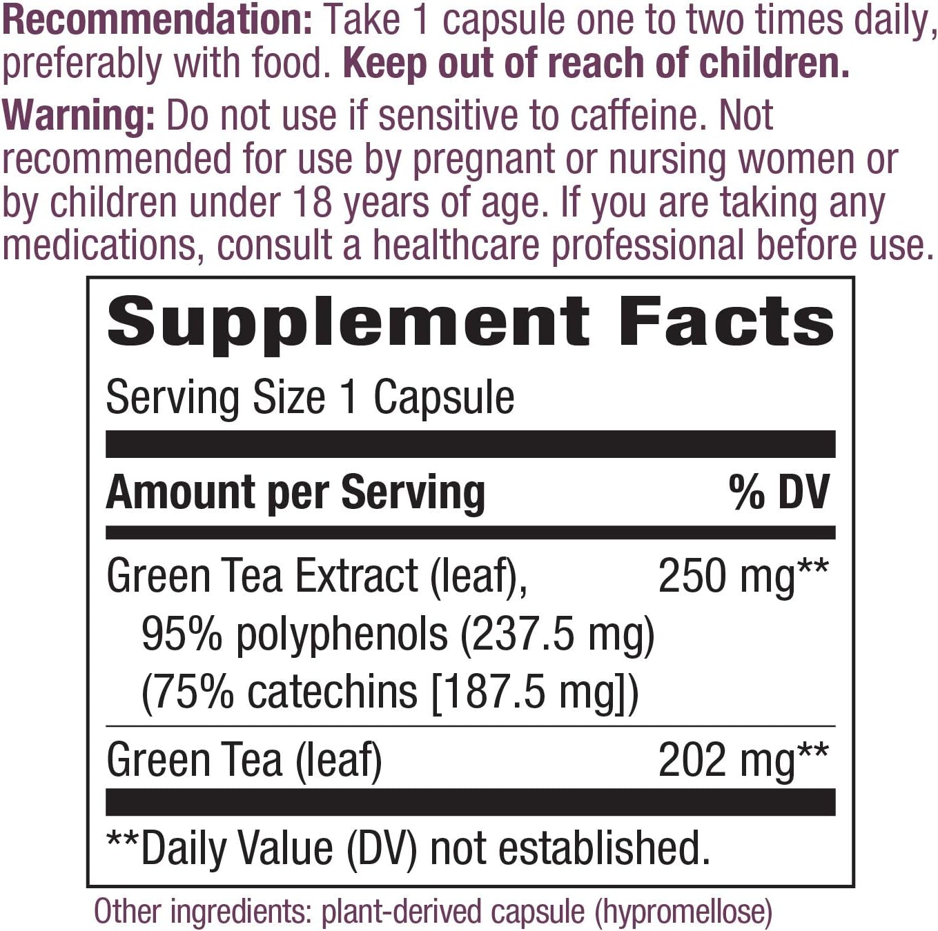 Nature's Way Premium Extract Green Tea 95% Polyphenols (75% Catechins), 250 mg per serving, 60 Capsules: Health & Personal Care