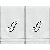 Monogrammed Towels Fingertip, Personalized Gift, 11 x 18 Inches - Set of 2- Black Embroidered Towel - Extra Absorbent 100% Cotton- Soft Velour Finish - For Bathroom/ Kitchen/ Spa- Initial G (White)