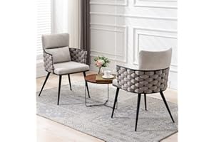 BFZ Mid-Century Modern Dining Chairs Set of 2, Handmade Woven Kitchen Chairs, Upholstered Velvet Dining Chairs with Metal Legs for Kitchen, Dining Room, Living Room