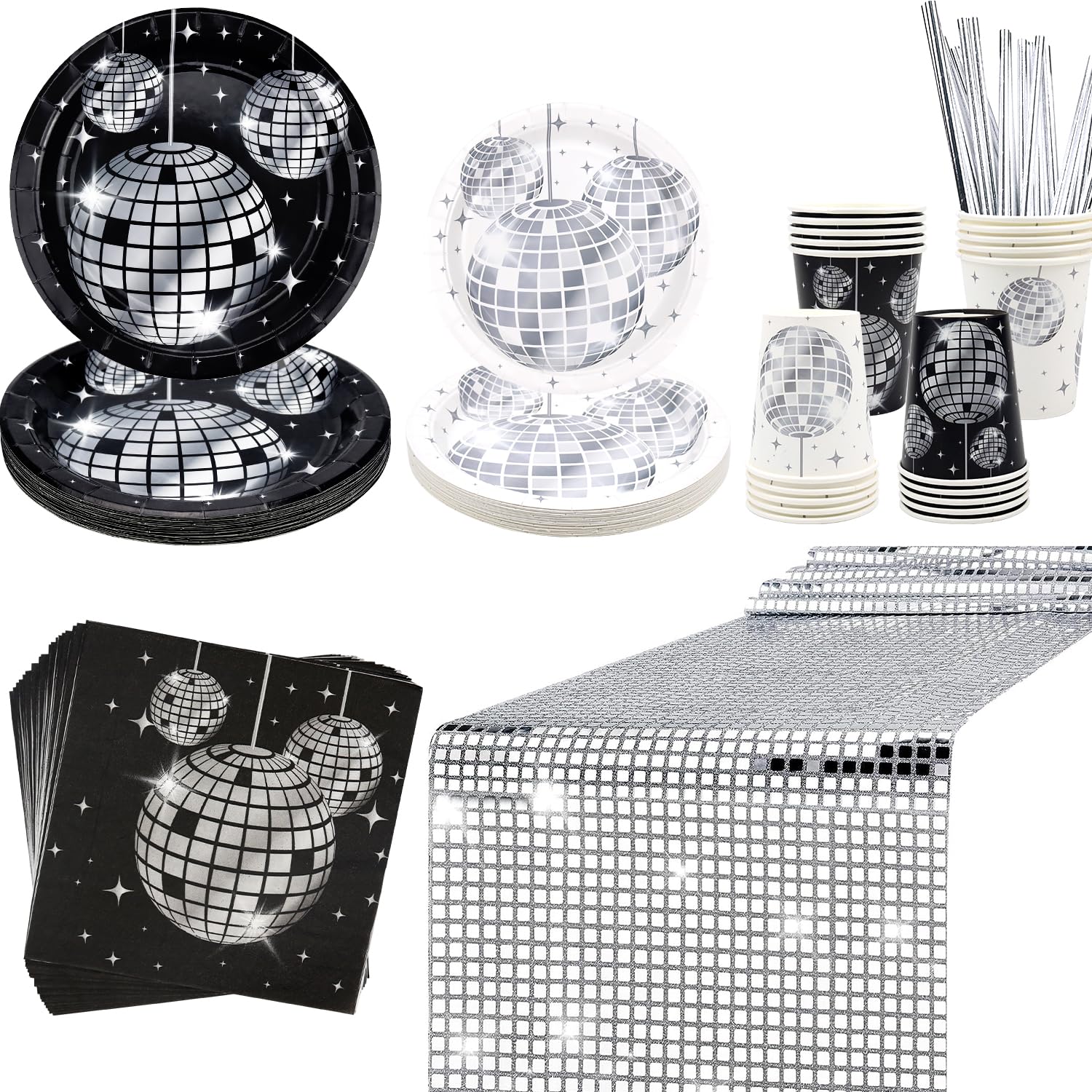 70s Disco Party Supplies, Includes Plates, Napkins, Cups, Straws, Tablecloth, for Disco Cocktail Wedding 80s/90s Picnics and Travel Party Decorations Serves 20