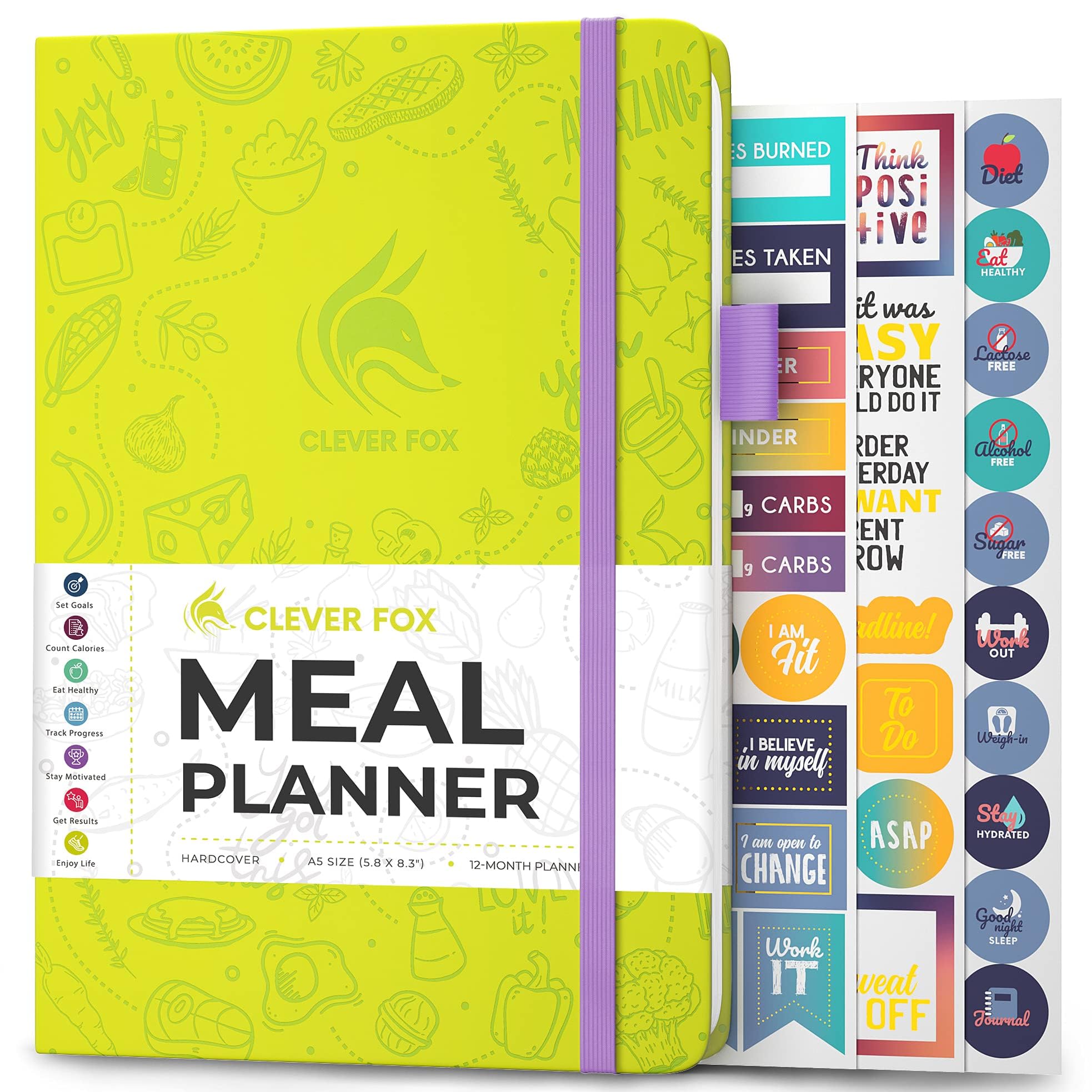 Clever Fox Weekly Meal Planner - Weekly & Daily Meal Prep Journal with Shopping and Grocery Lists for Menu Planning, Healthy Diet & Weight Loss Tracking, Lasts 1 Year, Undated, A5 - Neon Yellow