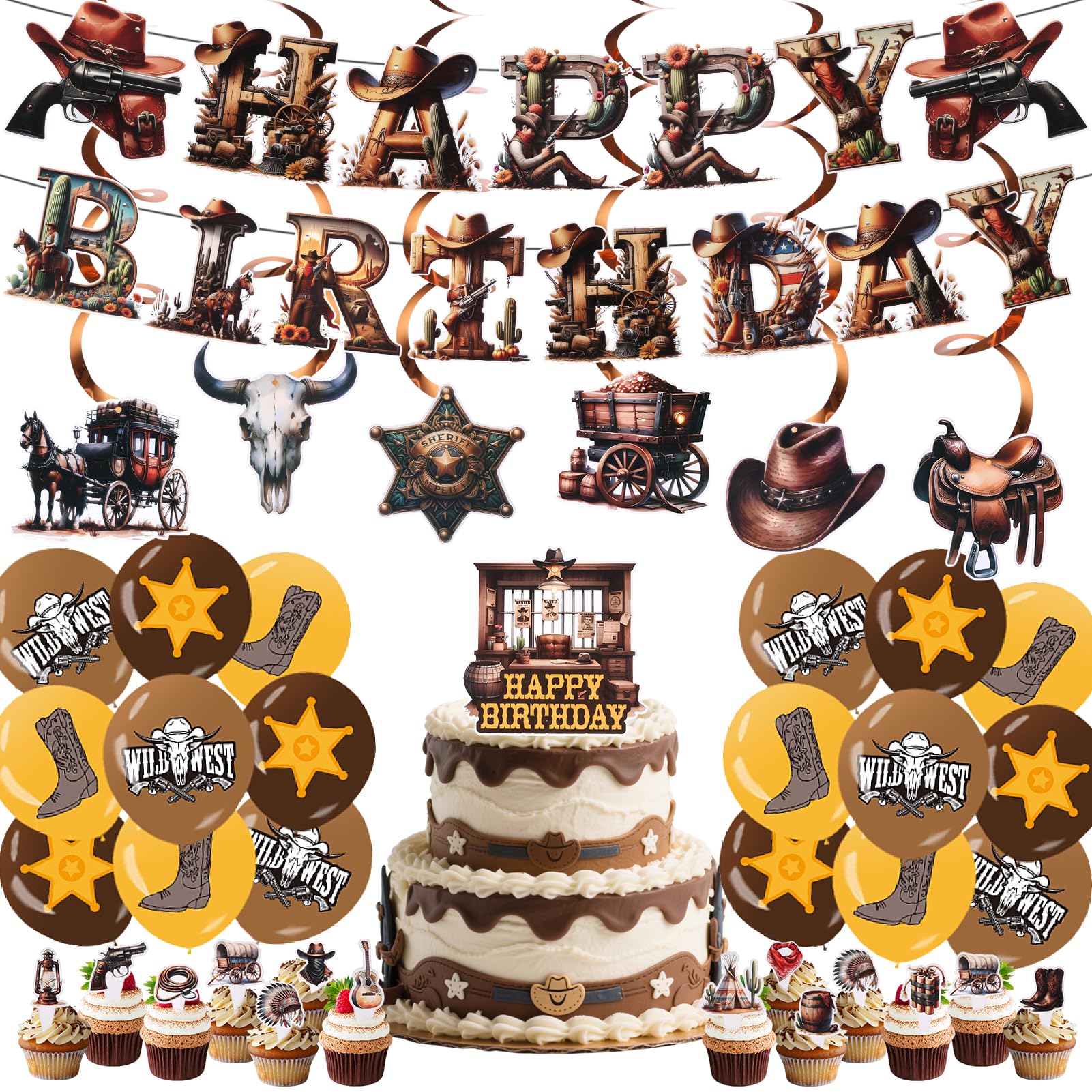 Photo 1 of  Western Cowboy Party Decorations Include Cupcake Toppers  Cake Topper BalloonsBanners  Hanging Swirls, Rodeo Birthday Decorations Wild West Theme Decor for Party Supplies