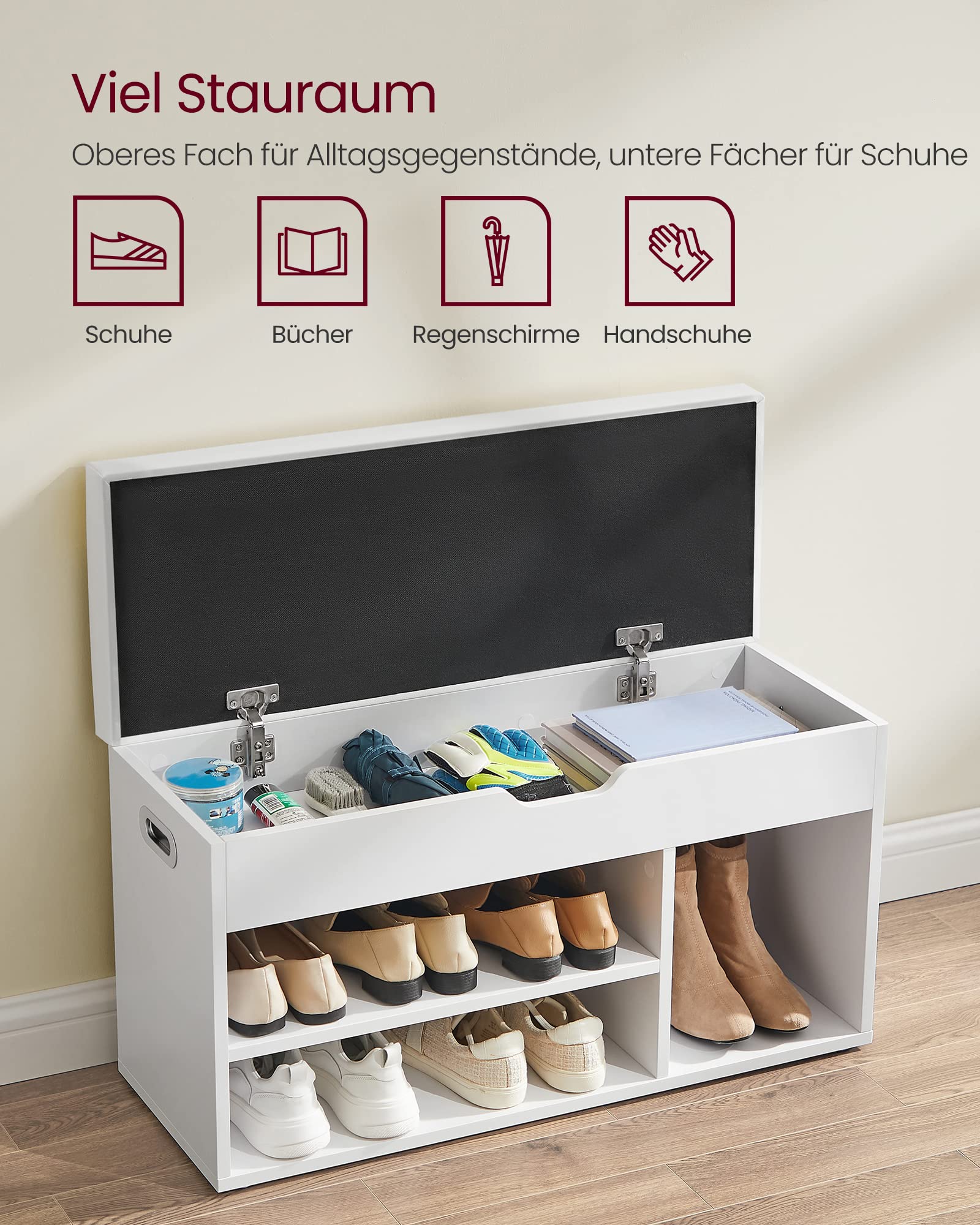 VASAGLE Schuhbank mit Sitzfläche, Sitzbank mit Stauraum, gepolstert, 3 offene Fächer, Fach unter Sitzkissen, Schuhregal für Wohnzimmer, Flur, bis 136 kg belastbar, wolkenweiß LHS30W 4