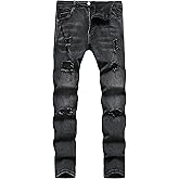 Woskrge Men's Slim Fit Stretch Jeans Ripped Distressed Straight Leg Fashion Black Pants