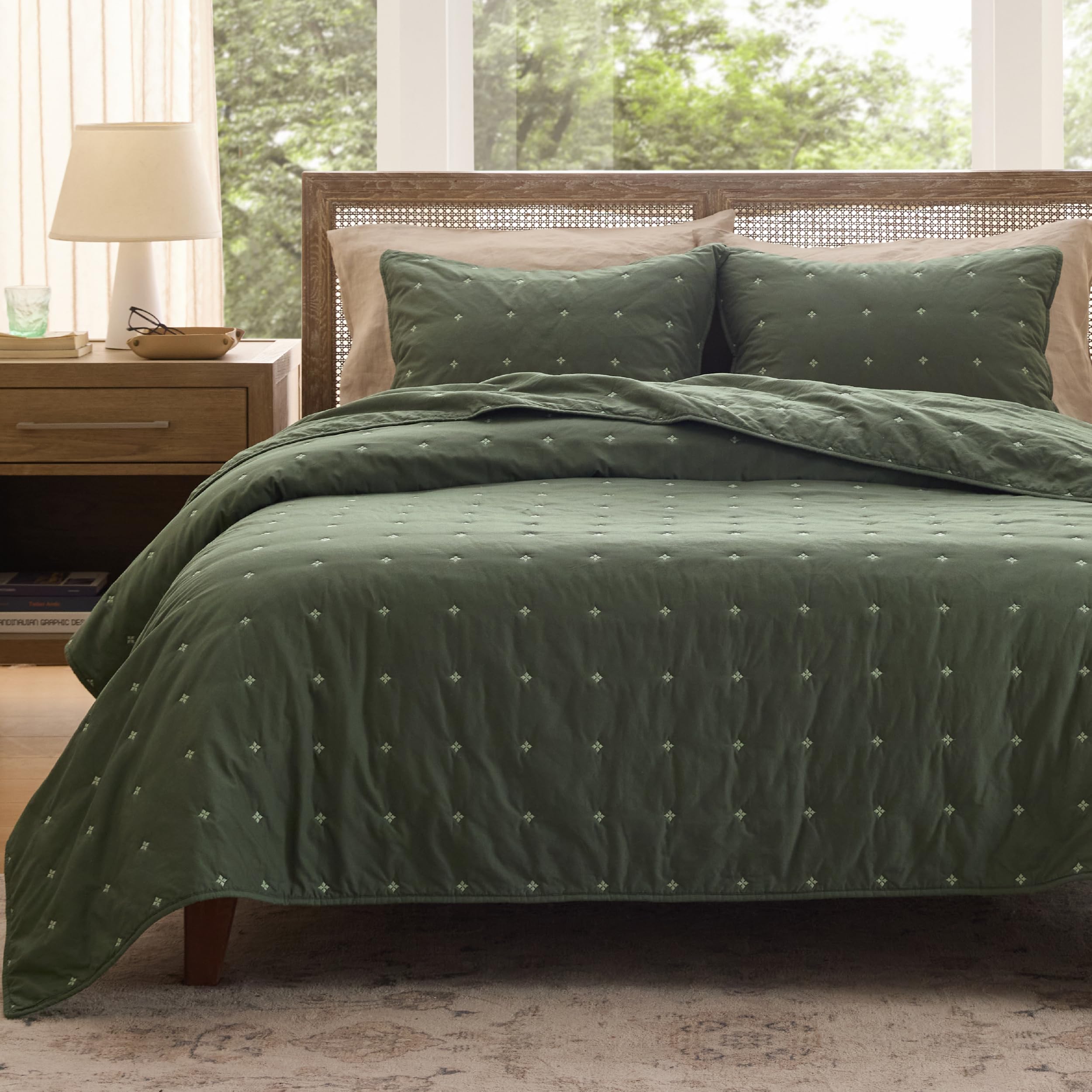 Bedsure 100% Cotton Quilt Set - Queen Size Bedspread, Lightweight Soft Bed Coverlet, PureWoven, 3-Piece Cozy Stitching Comforter with 2 Pillow Shams in Embroidery Clover Pattern, 90x96 in, Olive Green Image