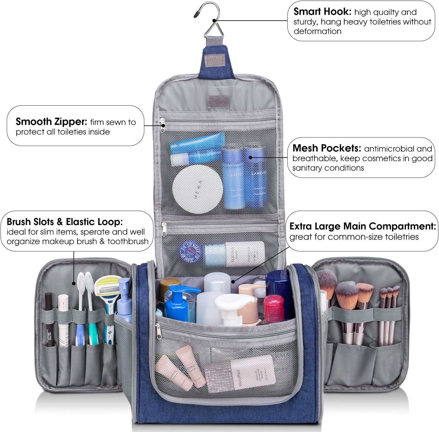 Large Hanging Toiletry Wash Bag Travel Makeup Cosmetic Organizer for Men Women by WANDF (Denim Navy Blue) - Image 3
