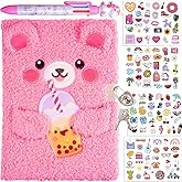 EABUY Diary for Girls with Lock and Keys, Journal School Travel Notebook Gift Set for Writing and Drawing,Multicolored Pen, Stickers, Birthday Gift for Girls (pink-Bear)