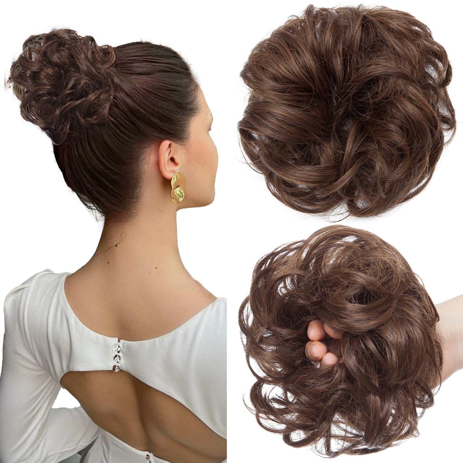 SEGOHAIR Messy Bun Hair Piece Fake Hair Bun Hair Scrunchies Bun - Lightweight 25g Synthetic Hair Bun Piece for Women, Dark Brown mix Light Auburn Curly Wavy Elastic updo Scrunchy Bun