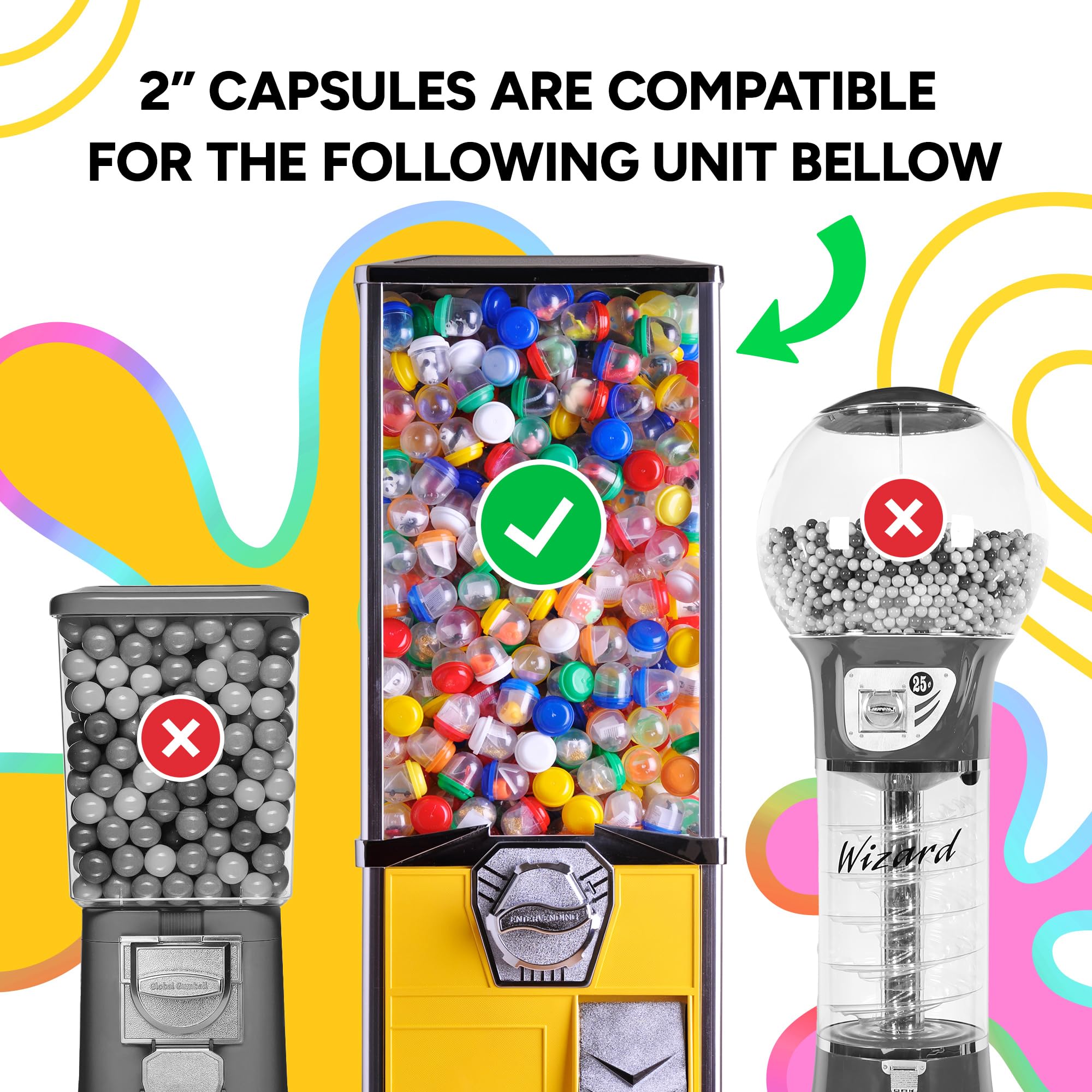 Entervending Empty Clear-Colored Round Capsules 2 inch 50 pcs Bulk 7 Colors Capsule for Toy Gumball Machines Plastic Containers Surprise for Kids Party Favor Prize