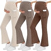 Sweetyweee 3 Pack Women's Maternity Ribbed Flare Pants Over The Belly Pregnancy Knit Sweater Soft Warm Trousers with Pockets
