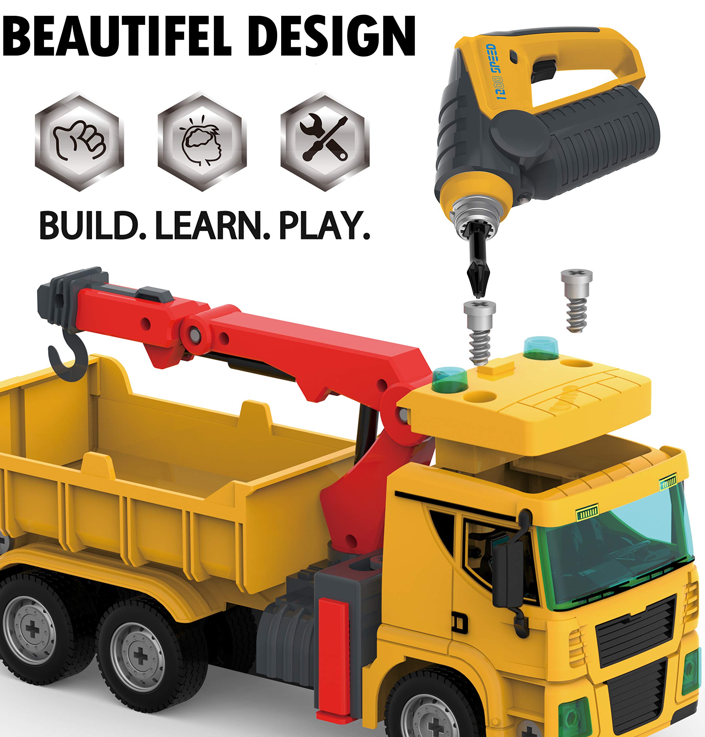 Take Apart Construction Crane Truck Toy for Kids - 104 Pcs STEM Toys w/Drill, Push & Go Lights & Sounds for Kids - DIY Construction Building Vehicle Playset for Boys Ages 4 5 6 7 8 Years Old
