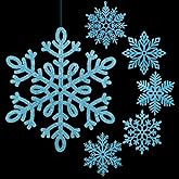 Sratte 12 Pack Large Glitter Snowflakes Ornaments 12" Plastic Giant Winter Christmas Hanging Decor Oversized Snowflakes Ornaments for Indoor Outdoor (Blue)