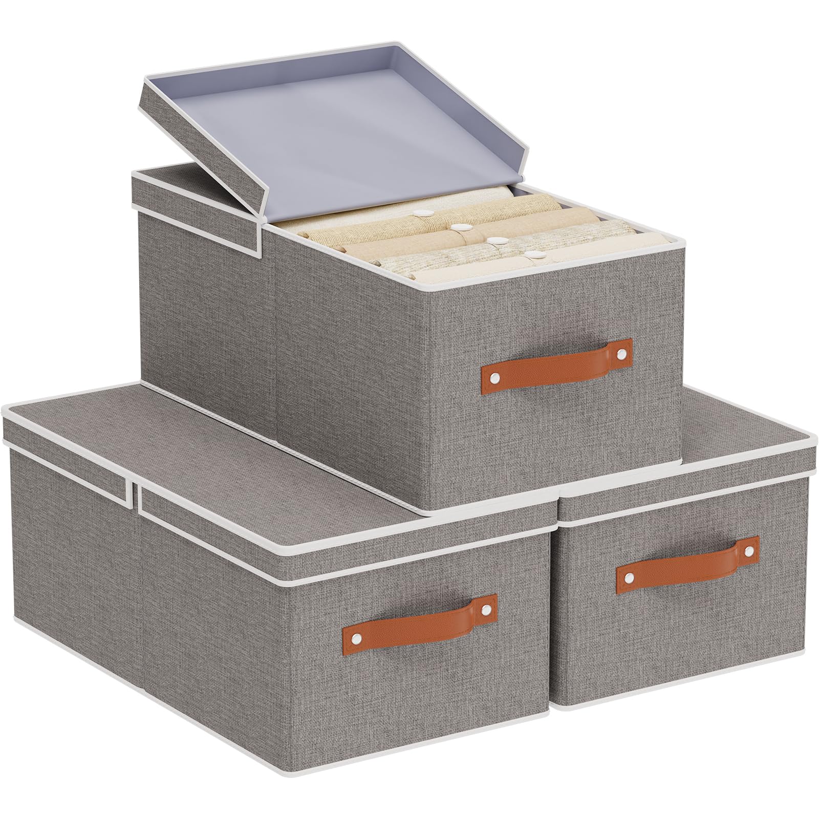 YheenLf 3-Pack Storage Boxes, Decorative Fabric Organizer Container Baskets with Handles for Shelves, Collapsible Clothes Cubes with Detachable Lid, Gray, 47×28×20 cm