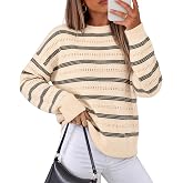 ZESICA Women's 2026 Casual Long Sleeve Striped Pullover Sweaters | Stretchy Fabric, Crewneck, Eyelet, Soft, Oversized Style,