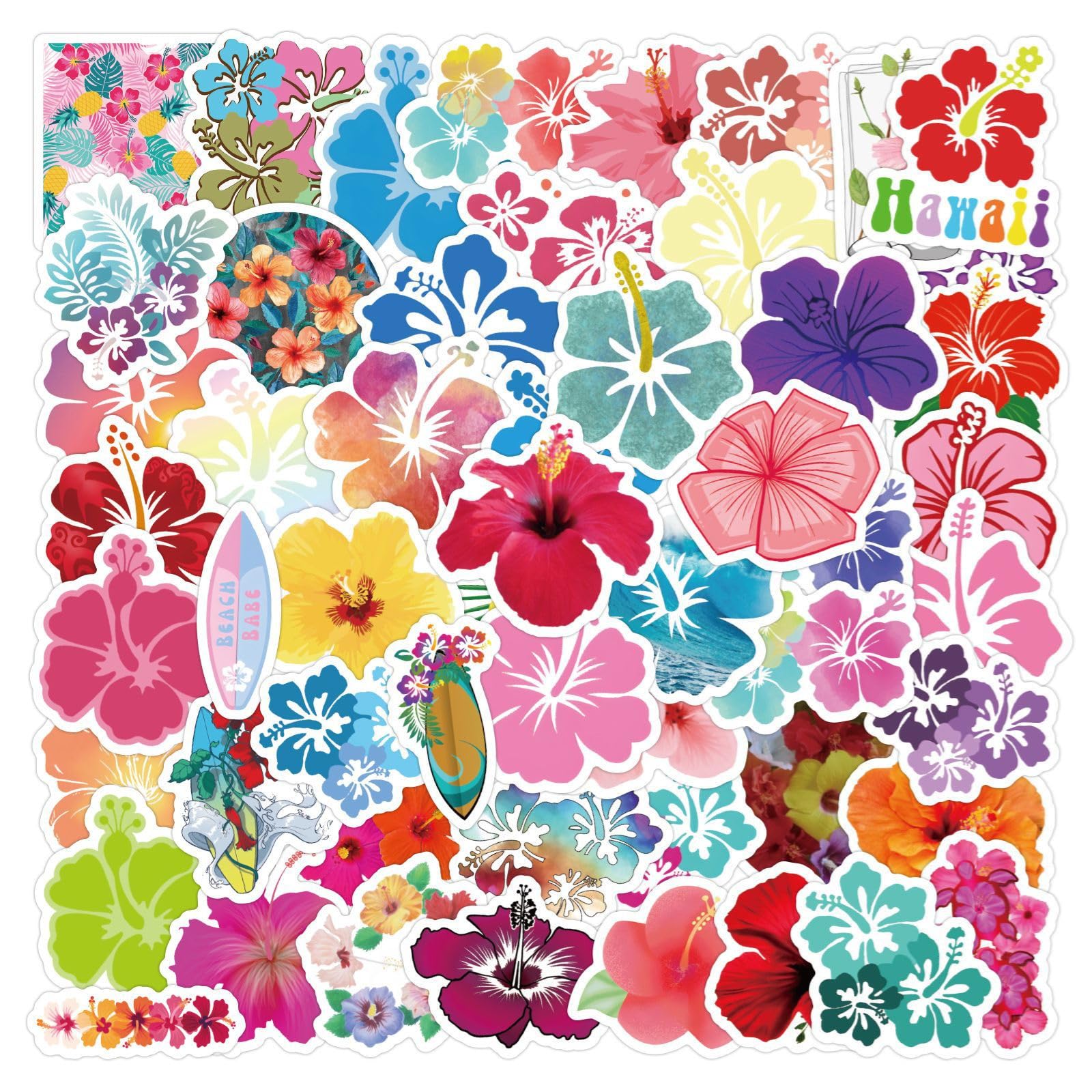 60PCS Hibiscus Waterproof Stickers for Water Bottles Laptop Journal, Floral Decals for Girls Adults Beautiful Plants Waterproof Vinyl Decals for Kids Teens Adults (Colourful-1)