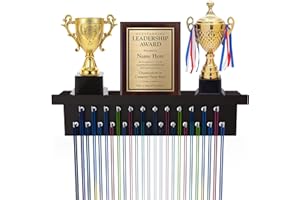 Purbambo Medal Hanger Display, Trophy Shelf with 25 Steel Hooks, Wall Mount Medals Holder for Gymnastics, Soccer, Running Awards - Dark Brown