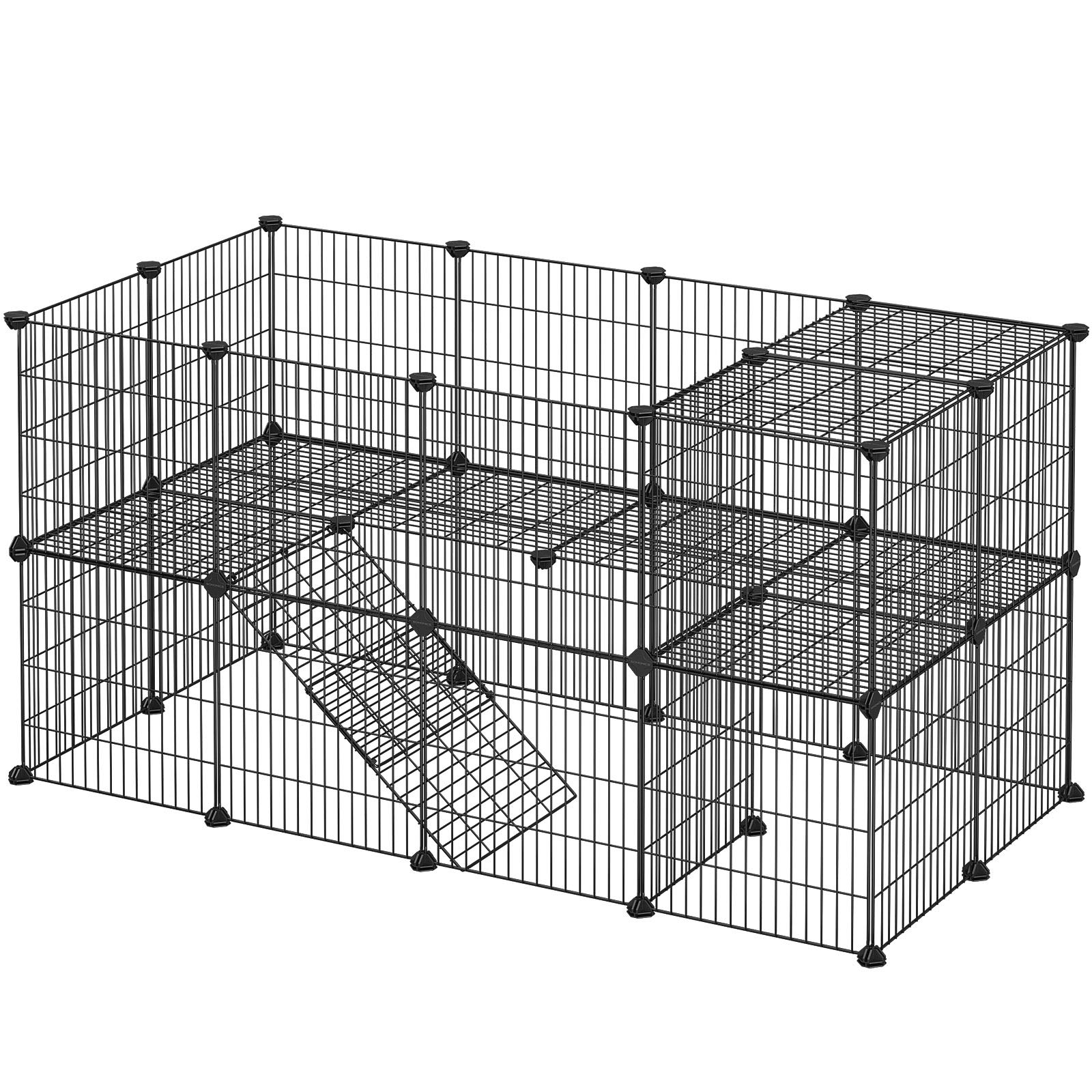 SONGMICS Pet Enclosure, LPI02H, 2 Levels, Modular Enclosure for Small Animals, Hamsters, Rabbits, Guinea Pigs, Mesh Panels, Indoor Use, 143 x 73 x 71 cm, Black