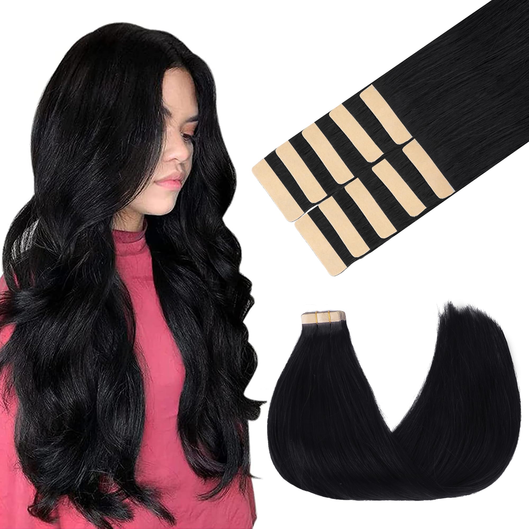 GOO GOO Tape in Hair Extensions human hair, tape Hair Extensions, 14inch 25g 10pcs, Human Hair Extensions, 1 Jet Black