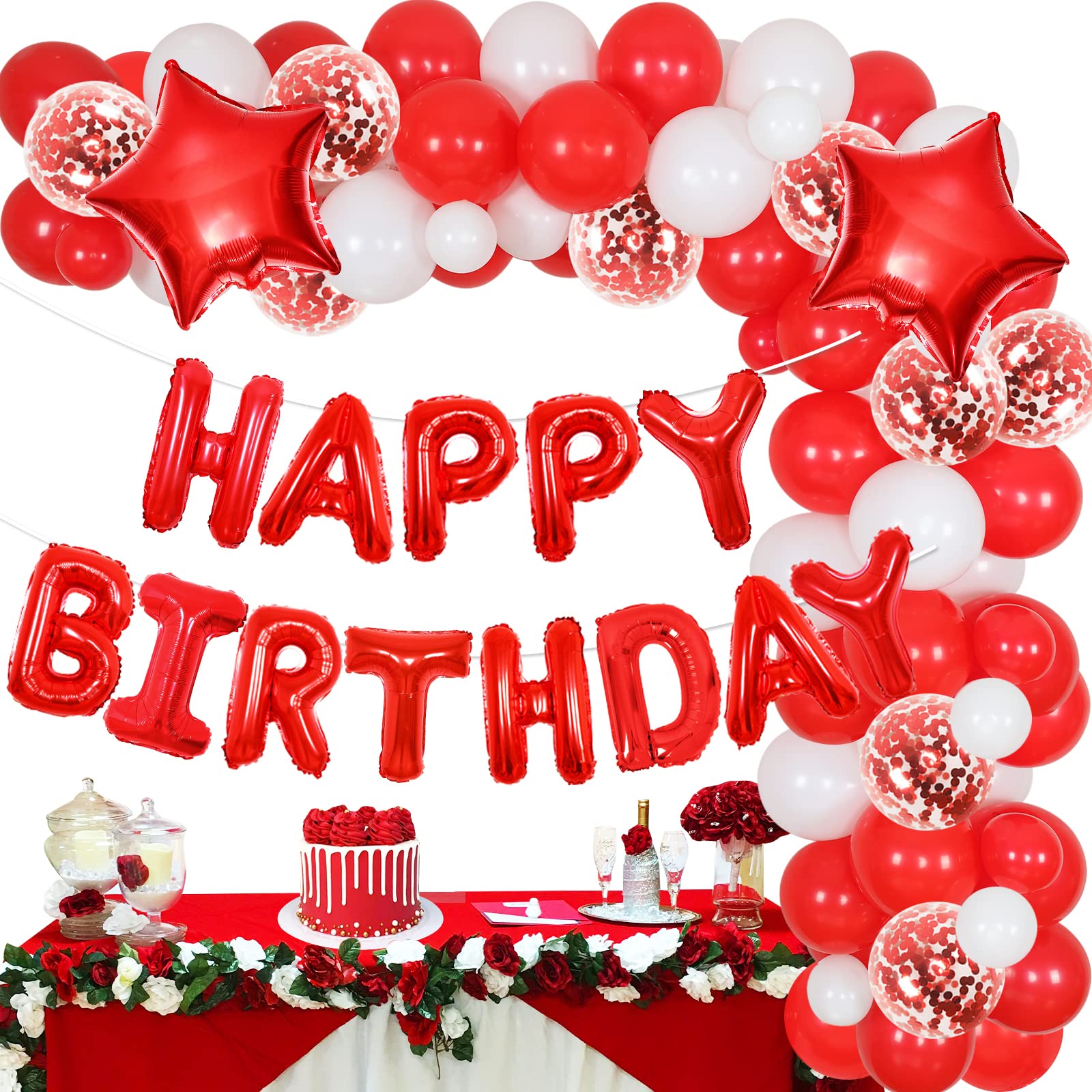 Fangleland Red and White Balloons Birthday Party Decorations for Men Women, Balloon Garland Arch Kit with Happy Birthday Banner Star Foil Balloons for Bday Christmas Party Supplies