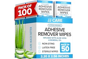 JJ CARE Adhesive Remover Wipes (Pack of 100) 2.2” x 2.56 Inches, Adhesive Remover for Skin, No Sting Medical Adhesive Remover, Ostomy Adhesive Remover for Sensitive Skin - Individually Packed