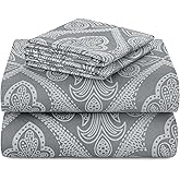 Hannah Linen Paisley King Sheet Set, 4 PC Soft Microfiber Wrinkle Free Sheets - Luxurious Printed Bed Sheets Includes Flat Sheet, Fitted Sheet with Deep Pockets, & 2 Pillowcases - Grey
