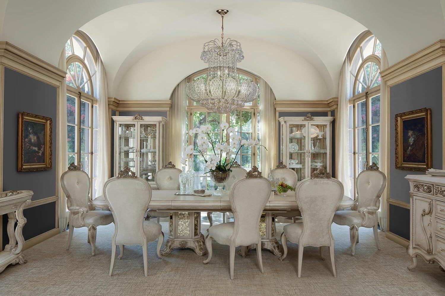 AICO Platine de Royale 9 Piece Set with Dining Table, 6 x Side Chair and 2 x Arm Chair, Champagne