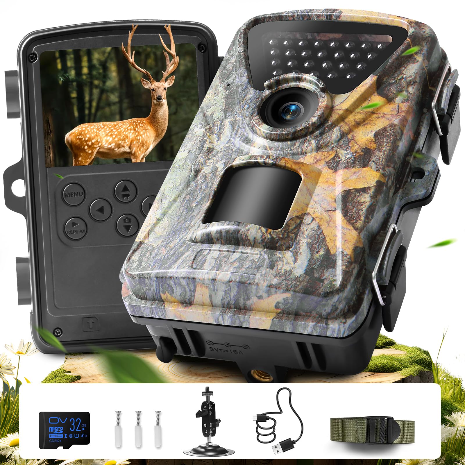 Wildlife Camera 4K 60MP Trail Camera, 0.2s Fast Trigger Motion Activated Trail Cam, 850nm IR Night Vision, IP66 Waterproof Garden Camera with 32GB SD Card for Bird Watching & Wildlife Monitoring