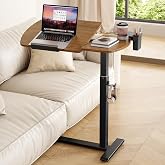 Hovadova Overbed Table with Wheels, Pneumatic Lift and Tilting Top (Walnut) | Height Adjusts 24.4&ndash;42.9 In, Desktop Tilts 0&deg;&ndash;70&deg; With Hidden Casters, Cup Holder, Pen Holder And Headphone Hook