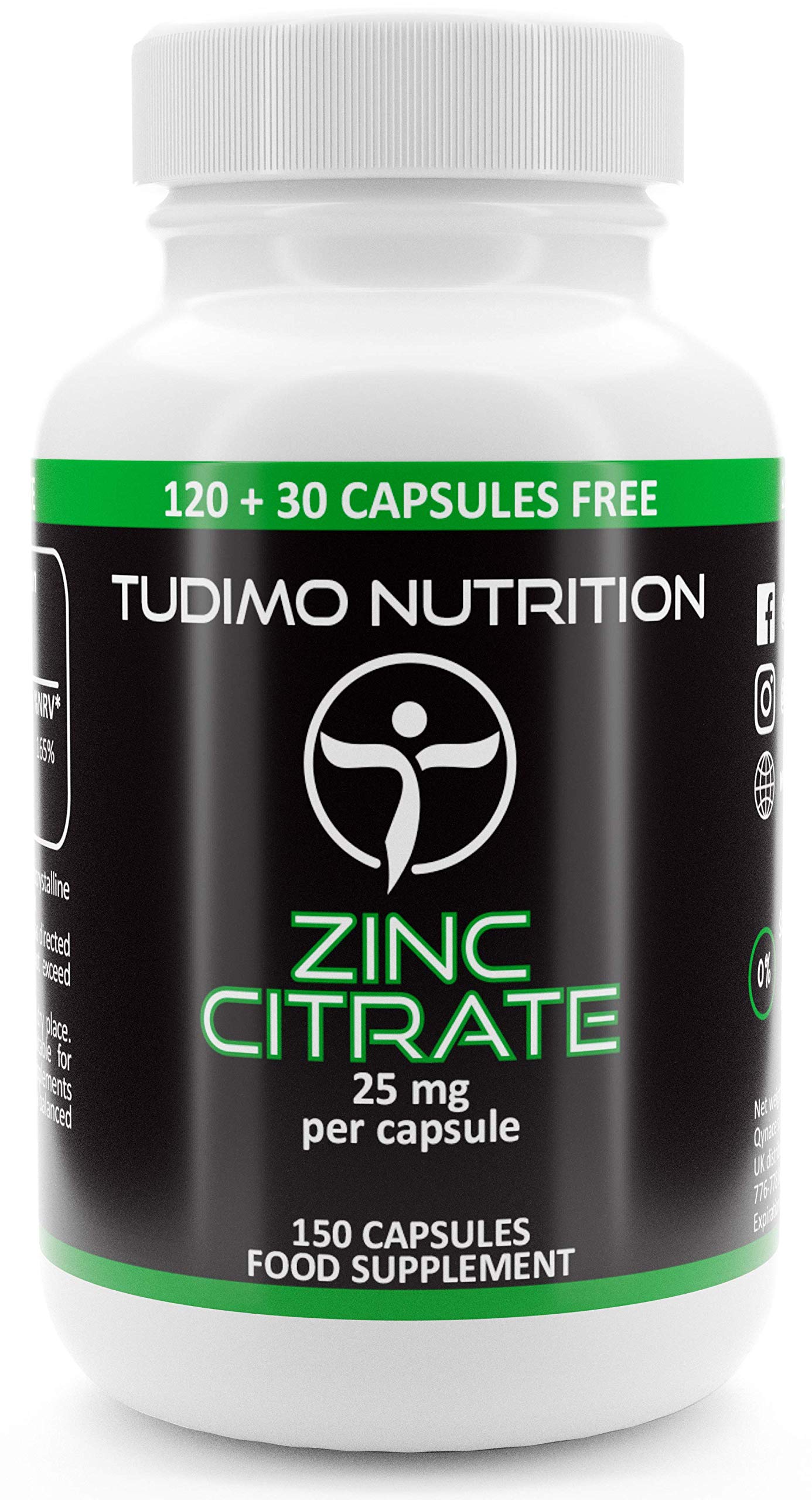 Zinc Citrate 25mg Capsules - 150 pcs (5 Month Supply) of Rapidly Disintegrating Capsules, Each with 25 mg of Premium Quality Zinc Powder