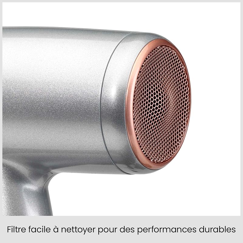 Sèche-Cheveux Cosmos avec Diffuseur, Léger – Sèche-cheveux puissant et élégant de 2100W, Technologie ionique anti-frisottis, 3 températures & 2 vitesses, Argenté, D580DE