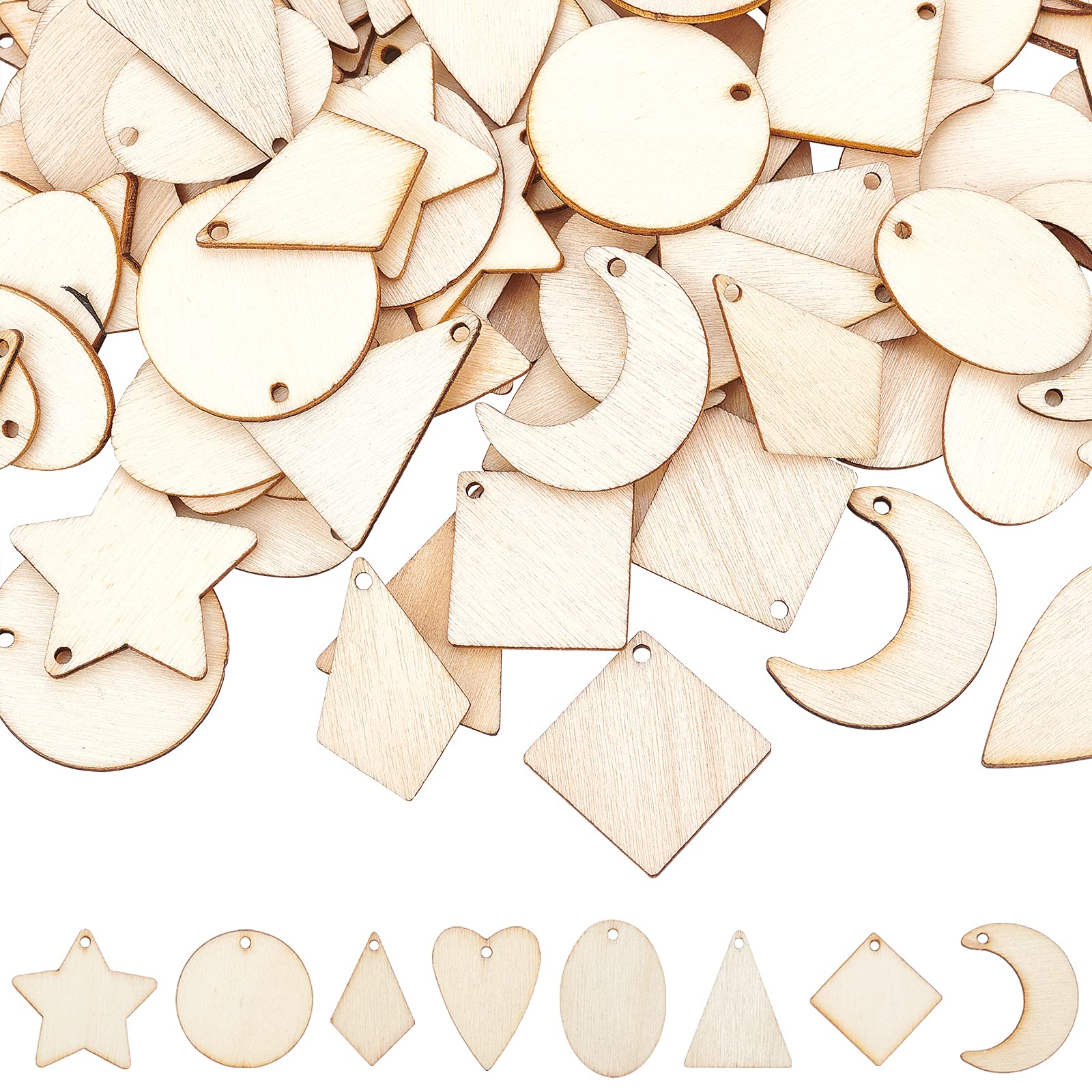 PH PandaHall 160pcs 8 Styles Undyed Wood Pendants Natural Star Moon Shapes for Earring Necklace Jewellery DIY Craft Making Tree Ornaments Hanging Ornament Decorations