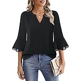 VALOLIA Womens 3/4 Sleeve Tops Dressy Casual Chiffon Blouses Floral Print V-Neck Work Office Shirts