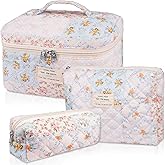 Gosect Makeup Bag Set, Quilted Makeup Bag, Large Floral Cosmetic Bag for Women, Cute Cotton Makeup Bags, Flower Travel Toiletry Organizer Bag (Folk Style)
