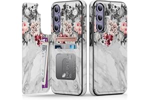Goodon for Samsung Galaxy S25 Plus Case Wallet - Flip Folio Leather Cover with Trendy Floral Design, 3 Card Slots & Kickstand Function, Protective Phone Case for Women Girls - Flowers and Grey Marble