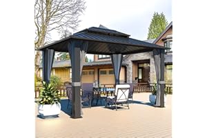 Yardenaler 10x12 FT Hardtop Gazebo Canopy with Double Galvanized Steel Roof, Permanent Outdoor Pavilion with Curtain & Mesh Netting for Patio. Garden, Backyard, Black
