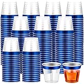 Funnymoom 100 Pack 1oz Blue Rimmed Plastic Shot Glasses Mini Plastic Wine Drinking Shot Cups Clear Disposable Party Cups Tasting Sample Containers for Christmas New Year Engagement Whiskey
