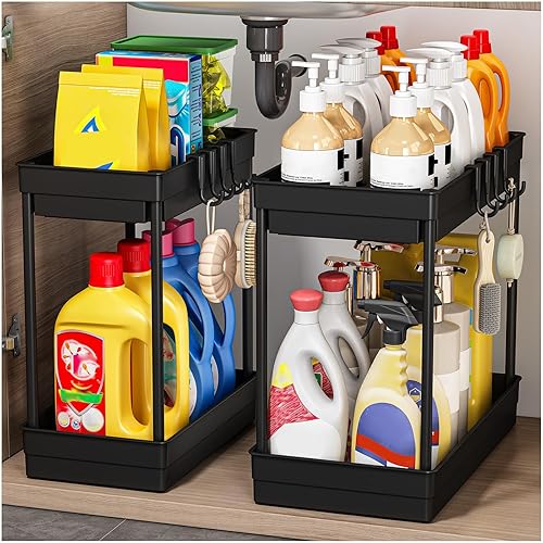 TidyTrove 2 Pack Under Sink Storage - Kitchen Storage and Organisation, 2 Tier Kitchen Under Sink Shelf, Multi-Purpose Organisation for Bathroom,Black