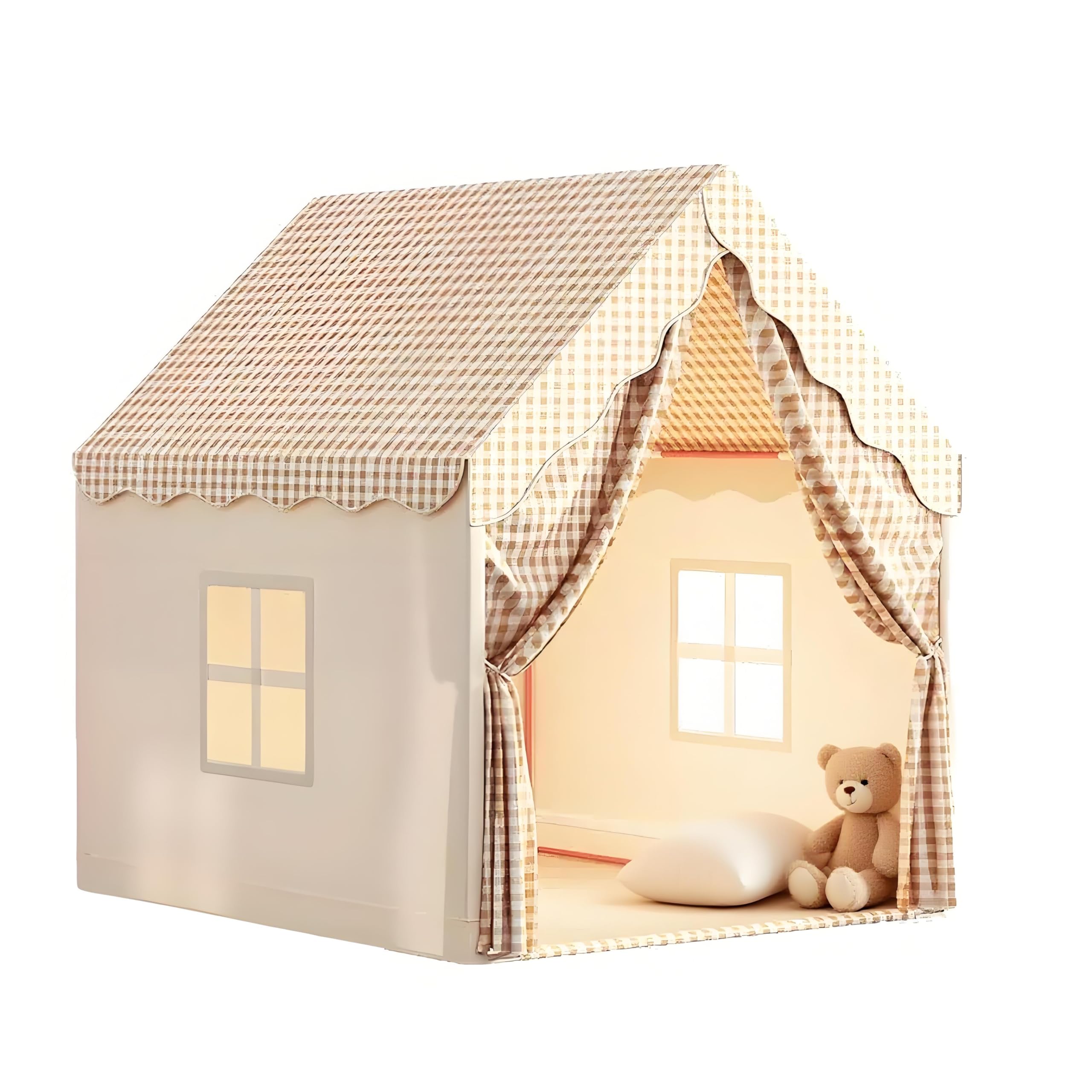 Kids Tent Playhouse with Star Lights and Tote Bags, Kids Play Tent Indoor & Outdoor, Washable Teepee Tent for Boys & Girls,Toy House for Toddler, Neutral Color Play Room Furniture (Beige-2)