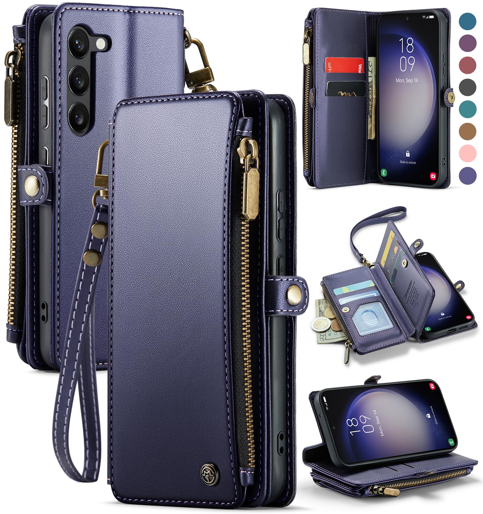 Photo 1 of Defencase Compatible with Samsung Galaxy S23 Case Wallet with Card Holder for Women Men, PU Leather Magnetic Snap Flip Zipper Strap Wallet Phone Case Fit for Galaxy S23 5G 6.1", Blue