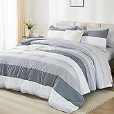 Andency Queen Size Comforter Set 7 Pieces - Light Grey Striped Lightweight Bed in a Bag, Soft Microfiber Farmhouse All Season Bedding Set with Comforter, Fitted & Flat Sheet, Pillowcases & Shams