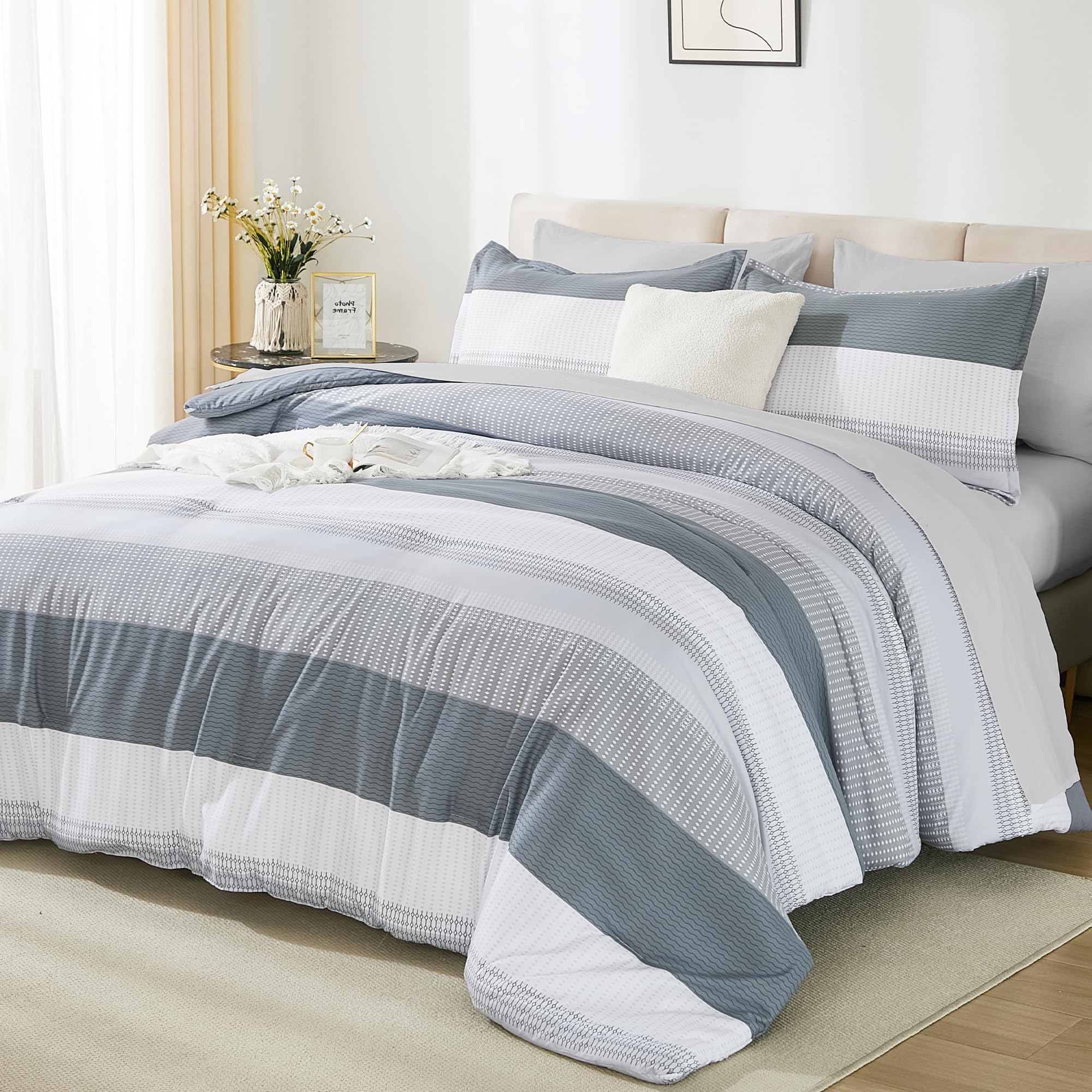 Photo 1 of **ITEM IS DIRTY/or stinks check clerk comments**
Andency King Size Comforter Set 7 Pieces - Light Grey Striped Lightweight Bed in a Bag, Soft Microfiber Farmhouse All Season Bedding Set with Comforter, Fitted & Flat Sheet, Pillowcases & Shams