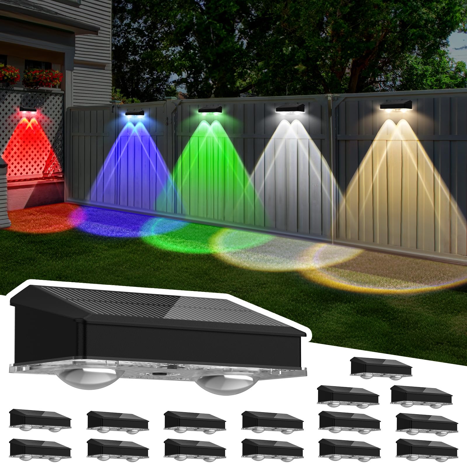 Photo 1 of Solar Fence Lights Outdoor 16 Pack, Warm White & Cool White & 6 Colored+RGB Color Changing, High Bright LED Spot Lens Deck Lights Dusk to Dawn for Backyard Stair Railing Patio Wall, IP65 Waterproof
