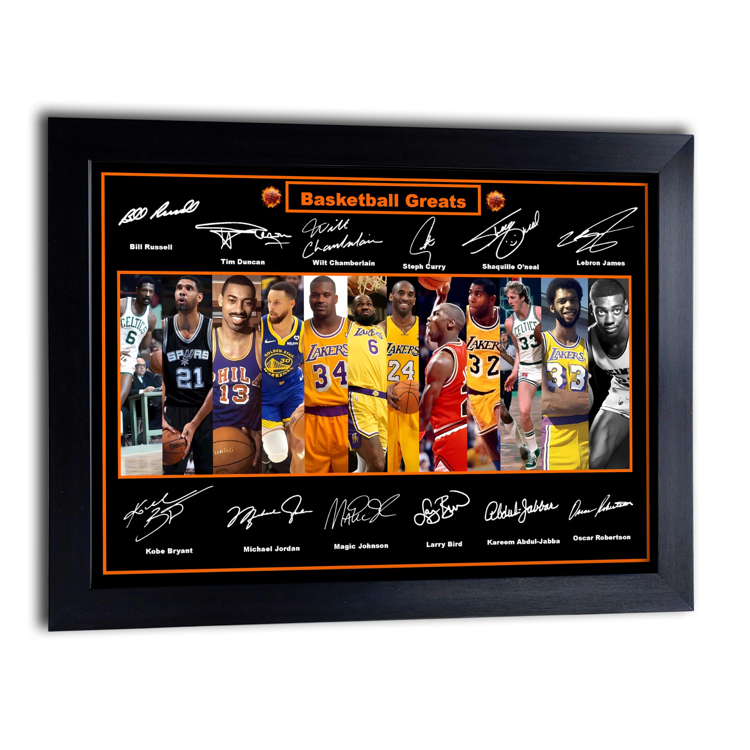 A4 Framed Poster All Time Basketball Greats Signed/Autographed (Copy) Kobe Bryant, Michael Jordan etc Framed (23cm x 32cm) Print