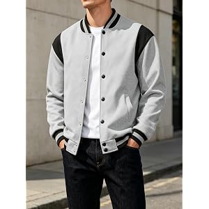 Men's Varsity Jacket Color Block Baseball Bomber Jacket Snap Front Casual Coat