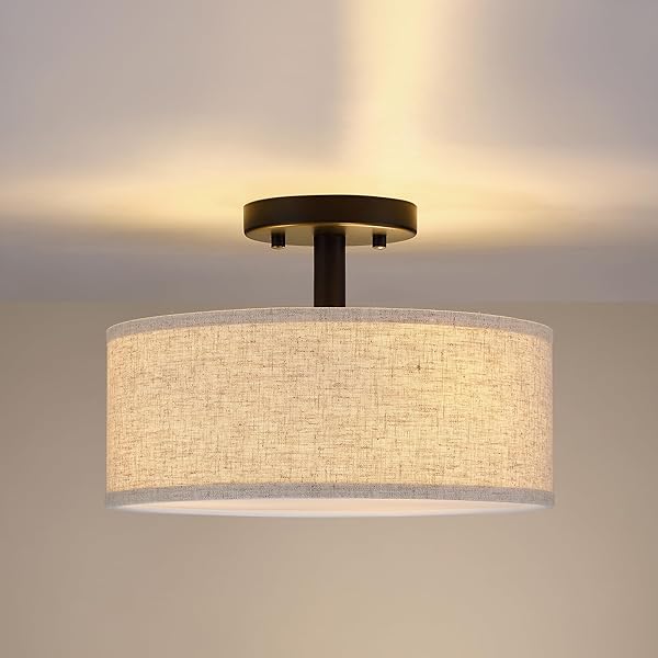 12 INCH DRUM GOLD SEMI FLUSH MOUNT CLOSE TO 3 LIGHT CEILING LIGHT FIXTURE,LINEN FABRIC SHADE FOR BEDROOM,LIVING ROOM,DINING ROOM HALLWAY