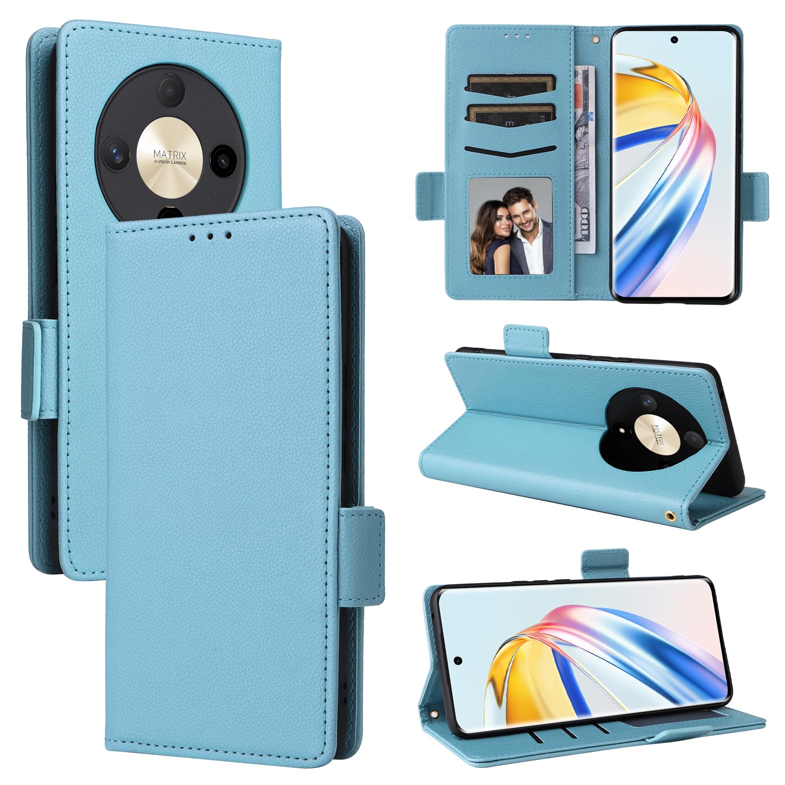 BELLA BEAR Honor Magic 6 Lite 5G Phone Case, Magnetic Flip Leather Wallet Case, Kickstand Case, Shockproof Protective Case for Honor Magic 6 Lite 5G-LBlue