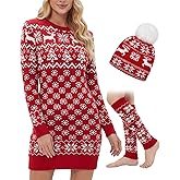 Cuffbow 3 Pcs Christmas Sweater Dress Set Women Long Sleeve Sweater Dress Xmas Thigh High Socks and Hat for Party Gift