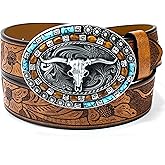 QIQILUXI Western Belt for Women Men Cowboys Cowgirls Carving Leather Country Belts Bullhead Buckles