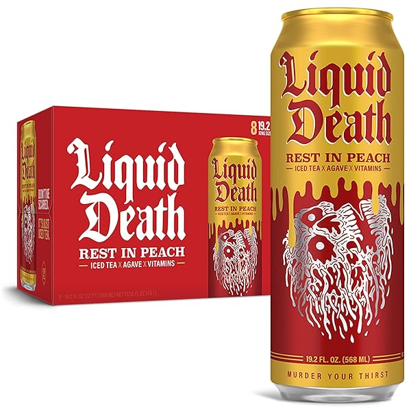 LIQUID DEATH, REST IN PEACH ICED TEA, 8-PACK (19.2OZ CANS), PEACH FLAVORED BACK TEA, LOW CALORIE, NO ARTIFICIAL SWEETENERS, B12 & B6 VITAMINS